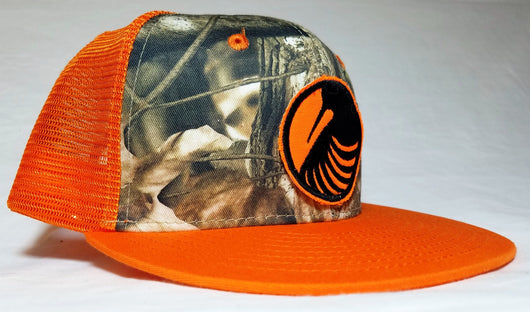 Woodcock Graphic Logo Patch, Orange and Camo Trucker Flatbill Upland Hunting Cap - Modern Wild
