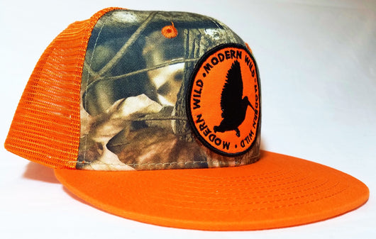 Modern Wild Woodcock Logo Patch, Orange and Camo Trucker Flatbill Cap - Modern Wild