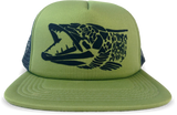 Detailed Muskie Logo, Olive Green Mesh Back Trucker Flat Bill Fishing Cap