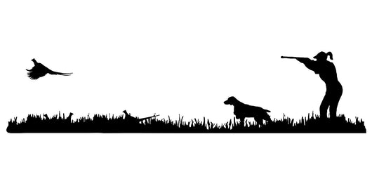 Lady Hunter Brittany Bird Dog, Rooster Pheasant Upland Hunting Scene Decal