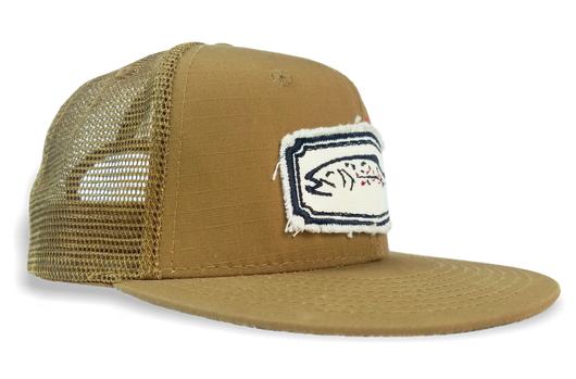 Canvas Brown Trout Patch on Brown Rip-Stop Mesh Back Flatbill Fishing Cap